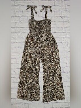 Urban Heritage Leopard Print Wide Leg Jumpsuit Tie Strap Size Large